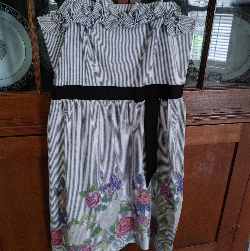 Velvet White Gray Stripe Floral A-Line Dress 10